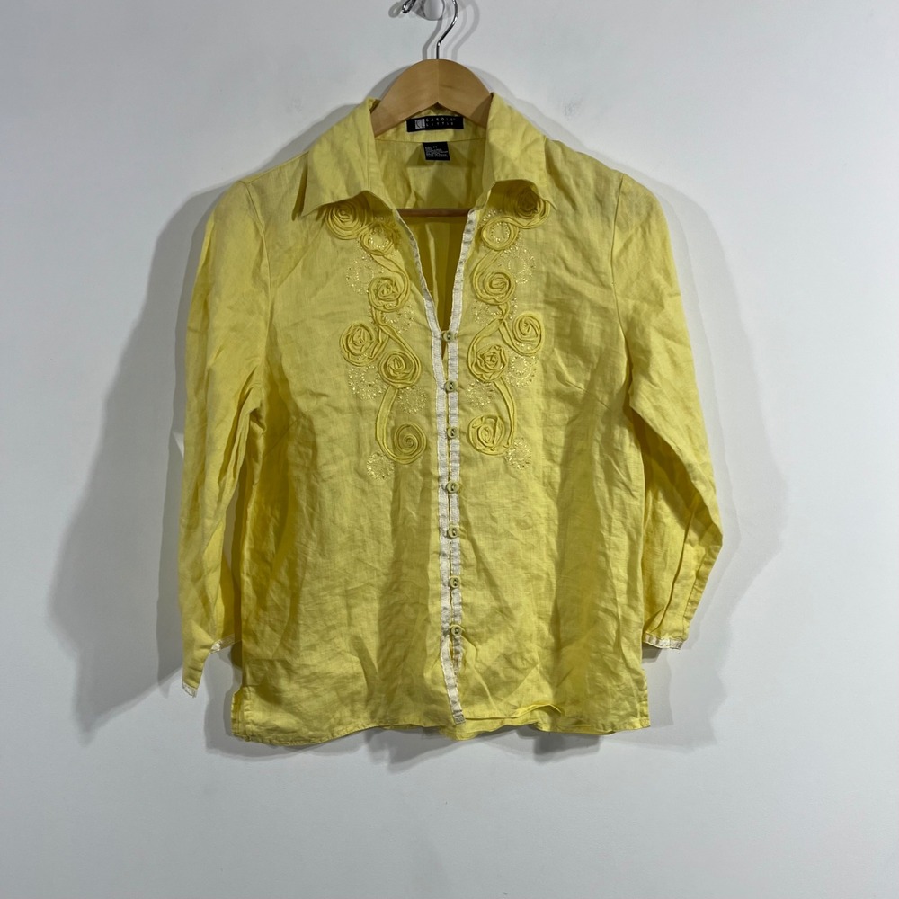 Vintage Carole Little Butter Yellow‎ 100% Linen Embroidered Button Up Top Medium
